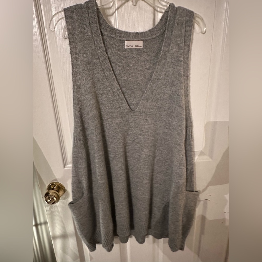Becool Gray Oversized V-Neck Sweater Vest with Pockets | M/L